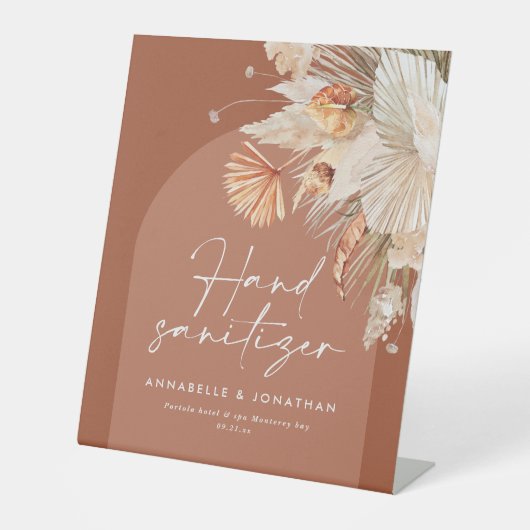 terracotta robuuste handdesinfecterend middel brui reclamebord met voetstuk (Voorkant)