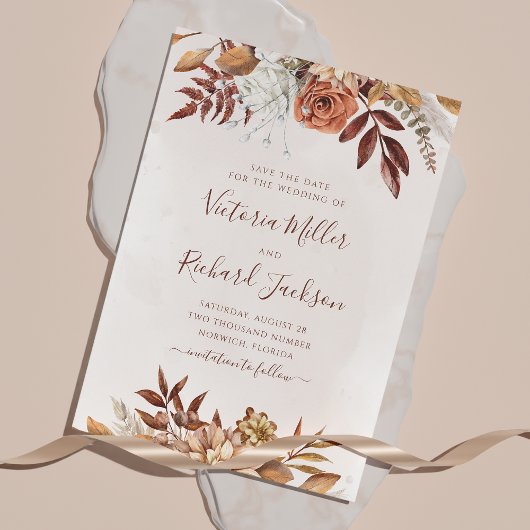 Terracotta Roest Bloemen Boho Aards Herfstloof Save The Date