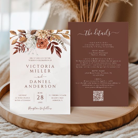 Terracotta Roest Bloemen Boho Herfst Aardse Trouwd Kaart