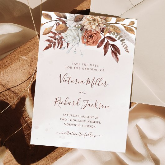 Terracotta Roest Bloemen Boho Herfstloof Save The Date