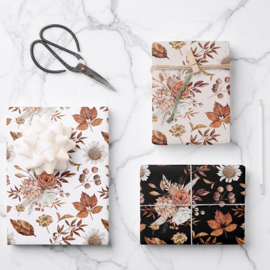Terracotta Roest Boho Bloemige Herfstblad Inpakpapier Vel (Voorkant)