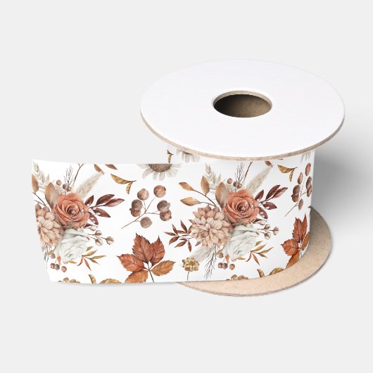 Terracotta Roest Boho Bloemige Herfstloof Satijnen Lint (Spoel)