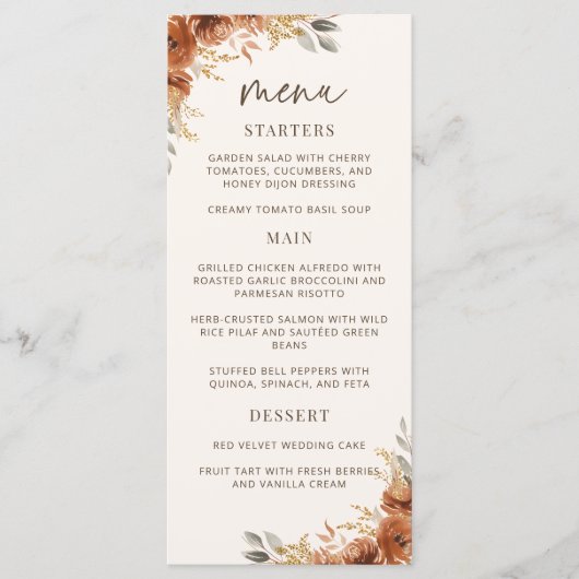 Terracotta Roest Herfst Bloemen Trouwdiner Menu (Voorkant)