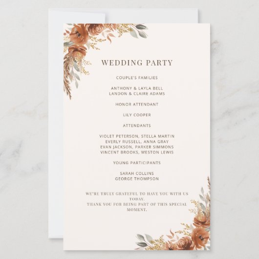 Terracotta Roest Herfst Bloemen Trouwprogramma (Achterkant)