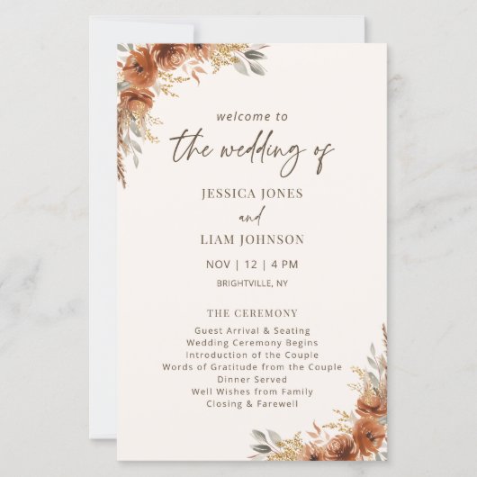 Terracotta Roest Herfst Bloemen Trouwprogramma (Voorkant)