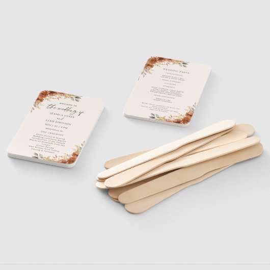 Terracotta Roest Herfst Bloemen Trouwprogramma Handwaaier (Niet-gemonteerd)