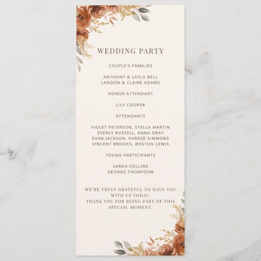 Terracotta Roest Herfst Bloemen Trouwprogramma Programmakaart (Achterkant)