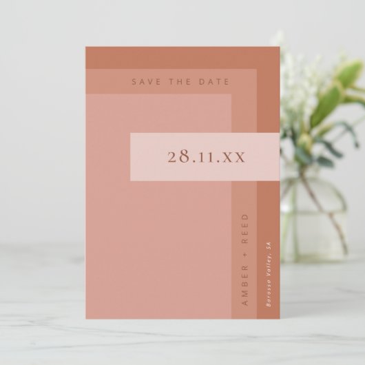 Terracotta Roest & Verbrand Sinaasappel Boho Minim Save The Date (Staand voorkant)