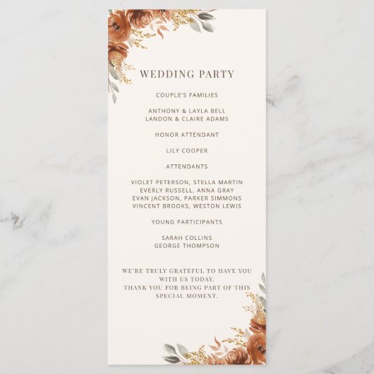 Terracotta Roestige Herfst Bloem Bruiloftsprogramm Menu (Achterkant)