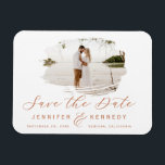 Terracotta Romantic borebd de Foto sparen de Datum Magneet<br><div class="desc">Terracotta Romantic borstelde Lijst met Foto Chic sparen de Magnet van de Datum. Met luxe marmer texture back,  elegant calligraphy Script font plus slim line serif! Bewerk vandaag nog uw exemplaar met uw namen,  datum en foto! ~ Bekijk mijn winkel voor dit ontwerp de volledige trouwsuite!</div>
