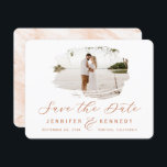 Terracotta Romantic geborsteld Lijst met foto Save The Date<br><div class="desc">Terracotta Romantic borstelde Lijst met Foto Chic sparen de Kaarten van de Datum. Met luxe marmer texture back,  elegant calligraphy Script font plus slim line serif! Bewerk vandaag nog uw exemplaar met uw namen,  datum en foto! ~ Bekijk mijn winkel voor dit ontwerp de volledige trouwsuite!</div>