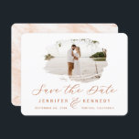 Terracotta Romantic geborsteld Lijst met foto Save The Date<br><div class="desc">Terracotta Romantic borstelde Lijst met Foto Chic sparen de Kaarten van de Datum. Met luxe marmer texture back,  elegant calligraphy Script font plus slim line serif! Bewerk vandaag nog uw exemplaar met uw namen,  datum en foto! ~ Bekijk mijn winkel voor dit ontwerp de volledige trouwsuite!</div>