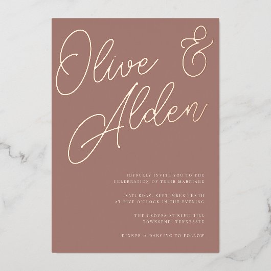 Terracotta | Roos Gold Script Wedding Folie Uitnodiging (Voorkant)
