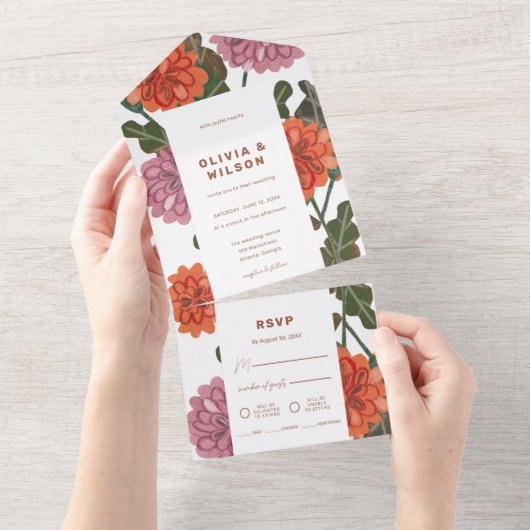 Terracotta & roze florale aardtoon bruiloft all in one uitnodiging (Afscheurbaar)