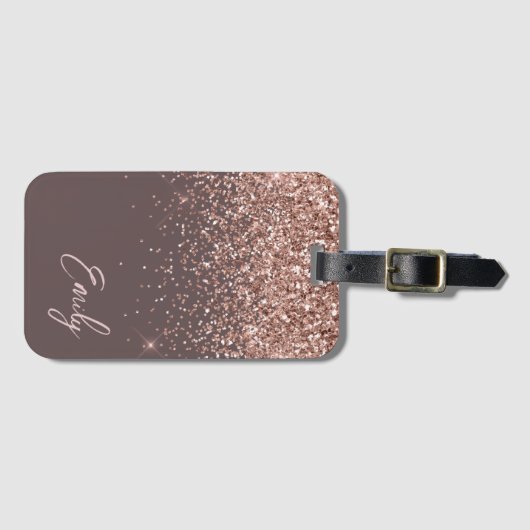 Terracotta Roze Goud Blozend Roze Glitter Monogram Bagagelabel (Voorkant (horizontaal))