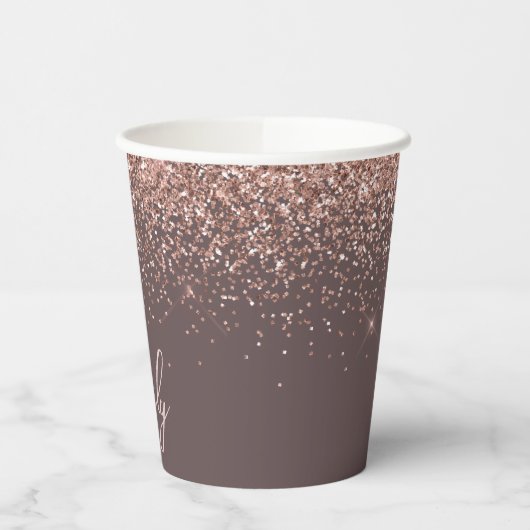 Terracotta Roze Gouden Glitter Glans Monogram Papieren Bekers (Links)