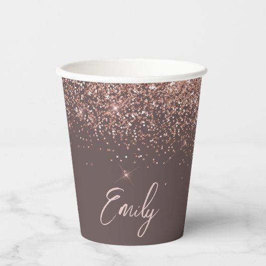 Terracotta Roze Gouden Glitter Glans Monogram Papieren Bekers (Voorkant)