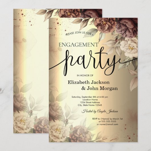 Terracotta Rozen Elegant Gold Script Verloving Kaart (Voorkant / Achterkant)