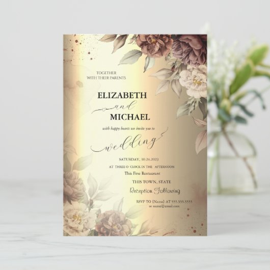 Terracotta Rozen Elegant Gold Script Wedding Kaart (Staand voorkant)