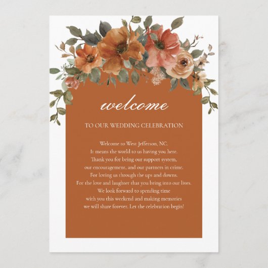 Terracotta Rust Bloemen Herfst Trouwvolgorde van h Programmakaart (Achterkant)