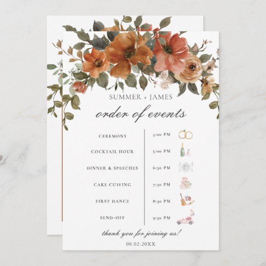 Terracotta Rust Bloemen Herfst Trouwvolgorde van h Programmakaart (Voorkant / Achterkant)