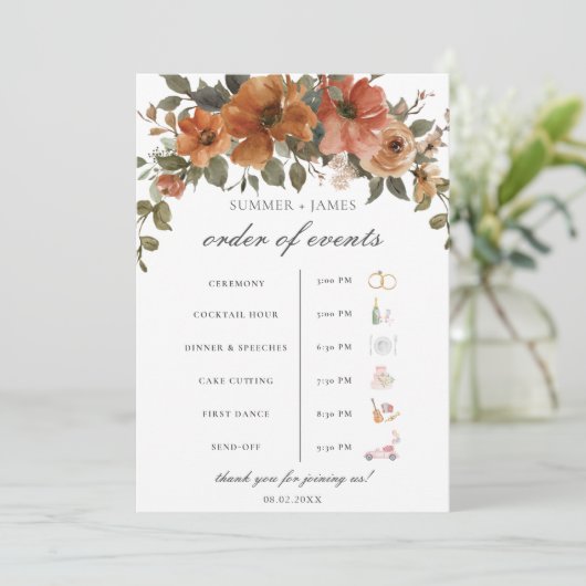 Terracotta Rust Bloemen Herfst Trouwvolgorde van h Programmakaart (Staand voorkant)