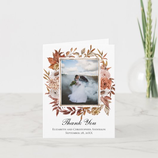 Terracotta Rust Boho Floral Photo Wedding Bedankkaart (Voorkant)