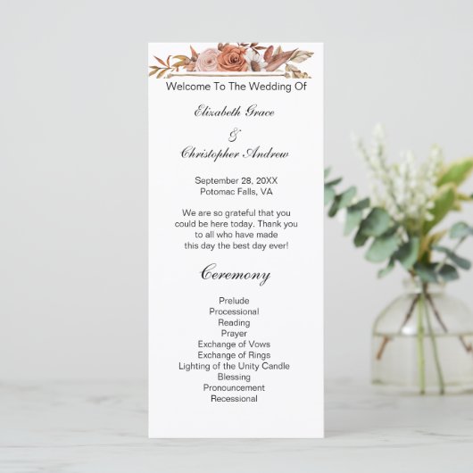 Terracotta Rust Boho Floral Wedding Programme Menu (Staand voorkant)