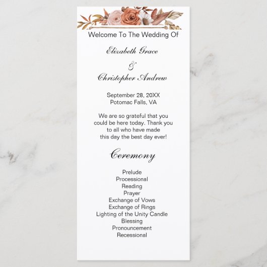 Terracotta Rust Boho Floral Wedding Programme Menu (Voorkant)