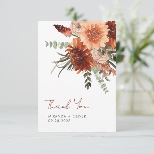 Terracotta Rust Boho Waterverf Bloemenbruiloft Bedankkaart (Staand voorkant)