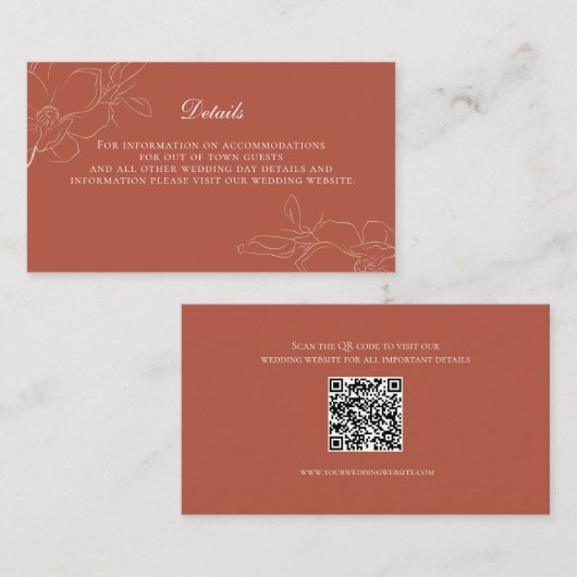 Terracotta Rust Boho White Floral Wedding Details Informatiekaartje (Voorkant / Achterkant)