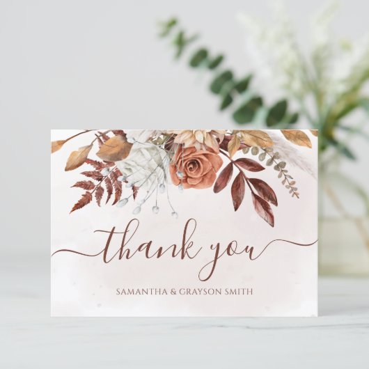 Terracotta Rust Floral Boho Fall Wedding Bedankt (Staand voorkant)