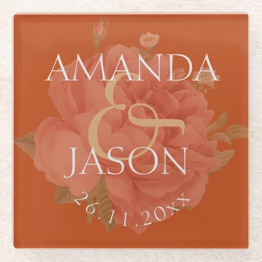  Terracotta Rust Floral Cute Wedding Party Glazen Onderzetter (Voorkant)