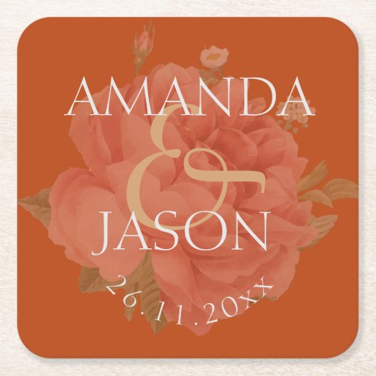  Terracotta Rust Floral Cute Wedding Party Kartonnen Onderzetters (Voorkant)