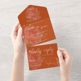 Terracotta Rust Floral Monogram  huwelijk All In One Uitnodiging