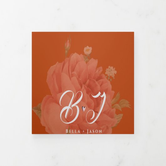 Terracotta Rust Floral Monogram  huwelijk Drieluik Uitnodiging (Cover)