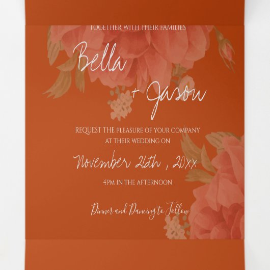 Terracotta Rust Floral Monogram huwelijk Drieluik Uitnodiging (Binnenkant midden)