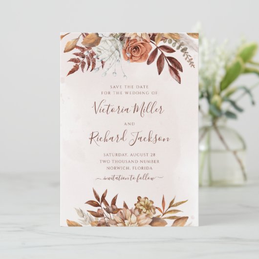 Terracotta Rust Flowers Boho Earthy Herfst Foliage Save The Date (Staand voorkant)