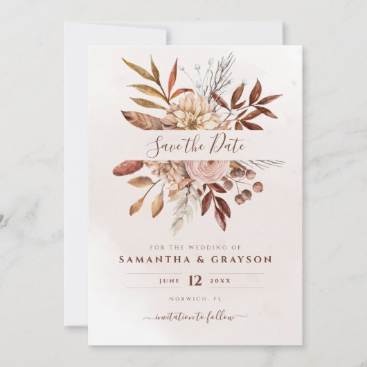 Terracotta Rust Flowers Boho Earthy Herfst Foliage Save The Date (Voorkant)