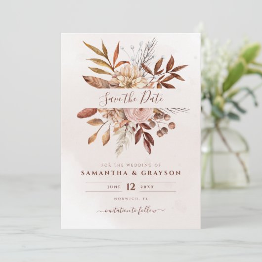 Terracotta Rust Flowers Boho Earthy Herfst Foliage Save The Date (Staand voorkant)