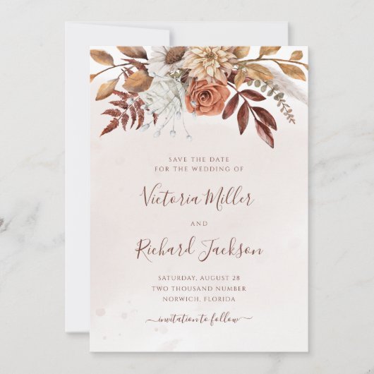 Terracotta Rust Flowers Boho Herfst Foliage Save The Date (Voorkant)