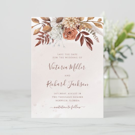 Terracotta Rust Flowers Boho Herfst Foliage Save The Date (Staand voorkant)