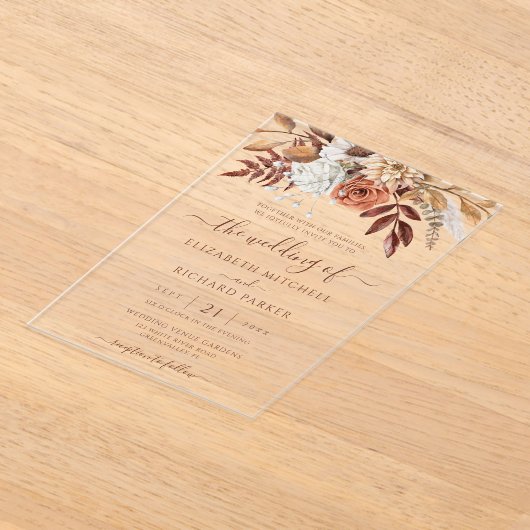 Terracotta Rust Flowers Boho Herfst Foliage Weddin Acryl Uitnodigingen (Laagn)