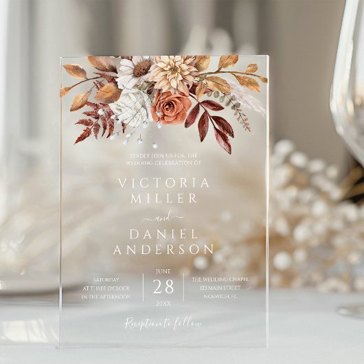 Terracotta Rust Flowers Boho Herfst Foliage Weddin Acryl Uitnodigingen