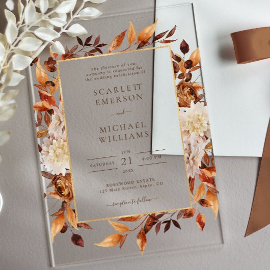 Terracotta Rust Flowers Boho Herfst Foliage Weddin Acryl Uitnodigingen