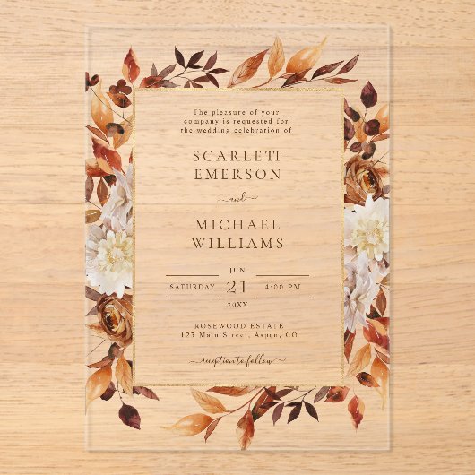 Terracotta Rust Flowers Boho Herfst Foliage Weddin Acryl Uitnodigingen (Voorkant)