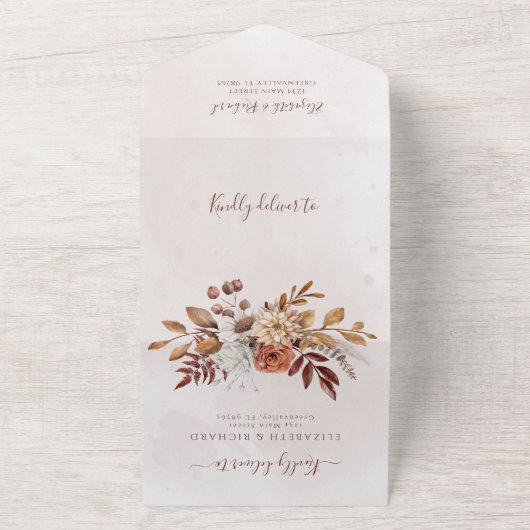 Terracotta Rust Flowers Boho Herfst Foliage Weddin All In One Uitnodiging (Buitenkant)