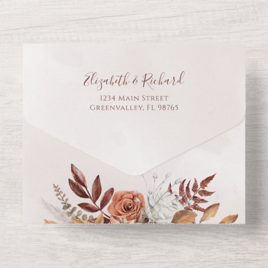 Terracotta Rust Flowers Boho Herfst Foliage Weddin All In One Uitnodiging (Achterkant)