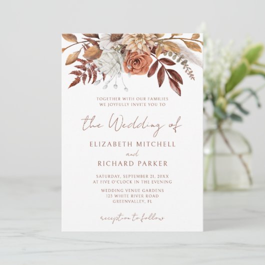 Terracotta Rust Flowers Boho Herfst Foliage Weddin Kaart (Staand voorkant)