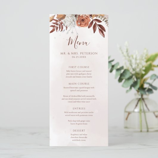 Terracotta Rust Flowers Boho Herfst Foliage Weddin Menu (Staand voorkant)
